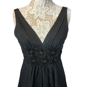 BCBG Maxazria ruched Sequence black cocktail deep V front open back dress size 4